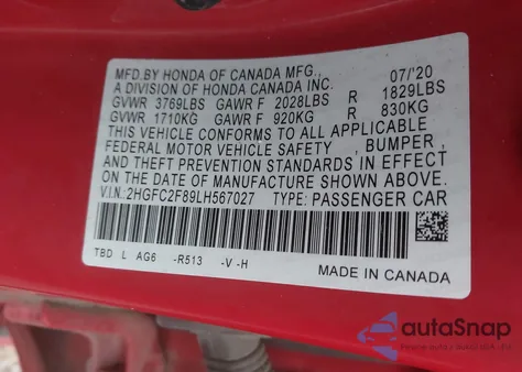 2020 Honda Civic Sport из США, поврежденный, VIN 2HGFC2F89LH567027